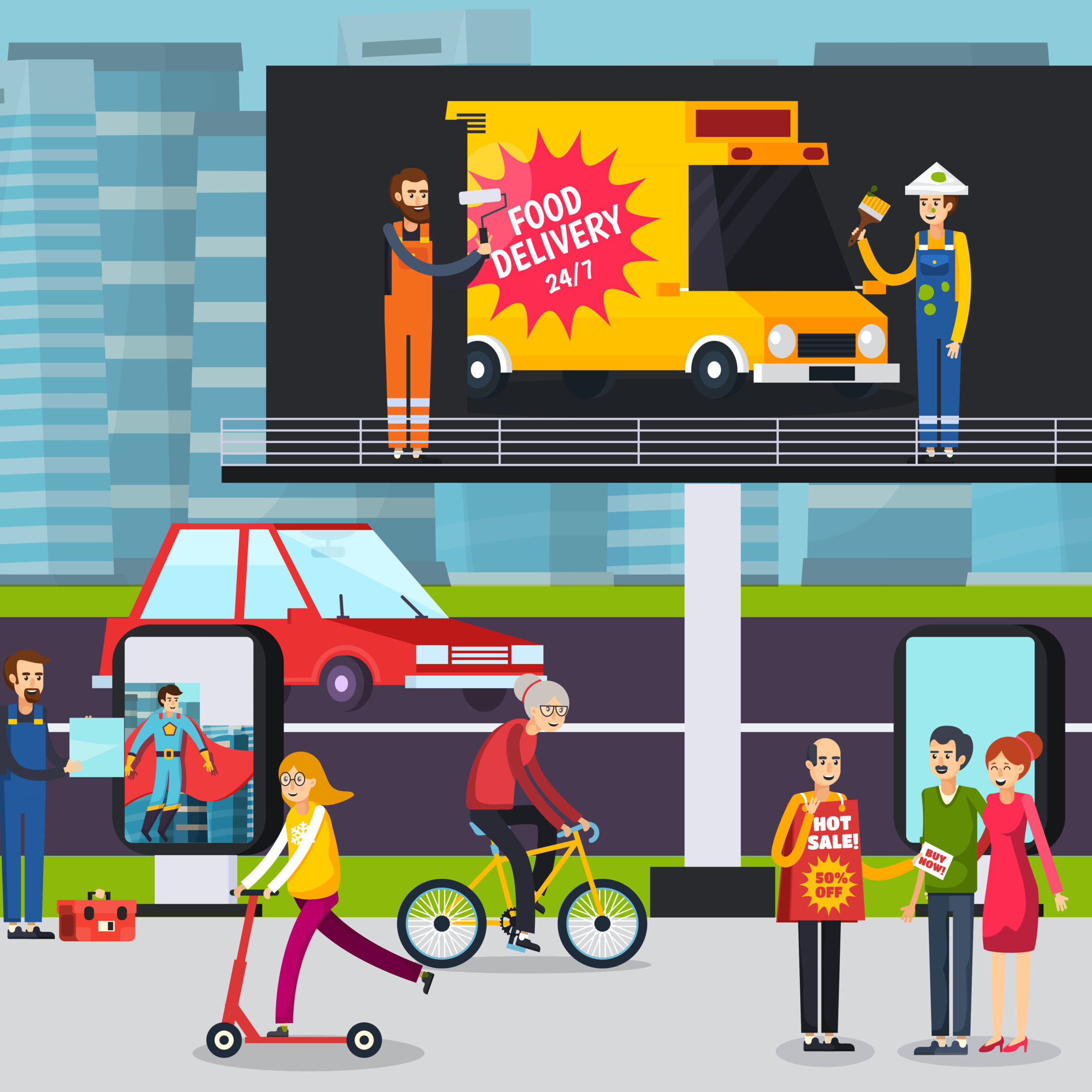 Advertising agency workers placing ad poster on large outdoor billboard in busy city street orthogonal vector illustration SSUCv3H4sIAAAAAAACA01RwU7DMAz9FcvnQkHcehtoIDhNIHGZOLiJ6aJlcZWkHdPUf8dpN8TNfs/xe345Y0vJGWzO6LwfUo6UnQRs7itk67JERx6bu6nClCkPiZPOamcoc6fs3F+XbM8FxwYfh+QCp1Q/u0DBMOrzoVViw9J7xqm6Tr7+U031k3f9zSrmv/lPNuoBp68KqeNgTkVd5SN7ptnMVqn9MXM8XJyNzrIsJQ3WlRJHMeSVfyjOVU8OBe0i9Ttnohs5lt5yMlrgyiqQnZ7QwaIKR4l7jgl6T2aGLfSSVBUkgKfYMciQrUiEVoNshaIFF6Ad0gmMyyfQI5kzSMw76SSQh3G+Df7nfgtrDZ1az7DefAAFC+8crMrorrfNC3xLPFCJJ/+U9LC6xLjsSrXZUSSjvlLdL1FXKHv9zmmafgEpCZmS7AEAAA==