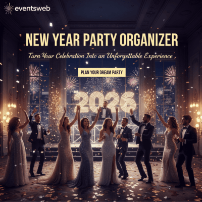 “New Year party countdown at midnight with confetti and cheering guests”