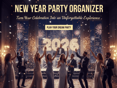 “New Year party countdown at midnight with confetti and cheering guests”