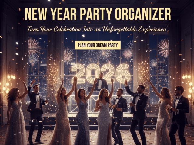 “New Year party countdown at midnight with confetti and cheering guests”